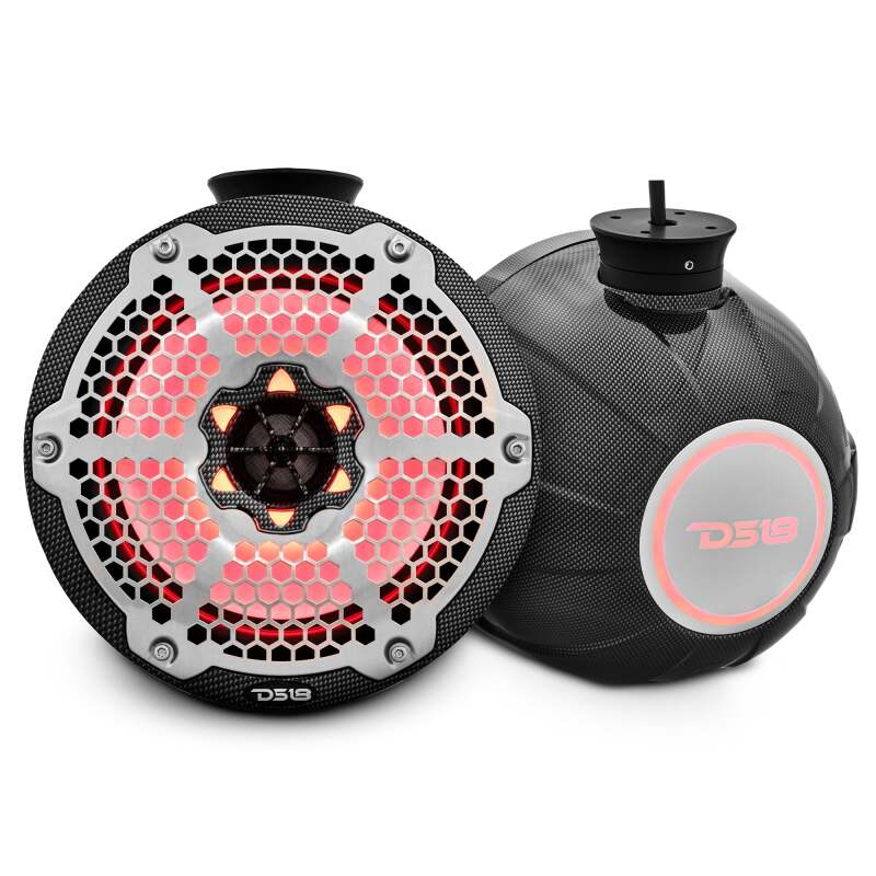 DS18 Compact Towers With Flat And Pole Mounts 8in 125 Watts RMS RGB LED Lights Black Carbon Fiber