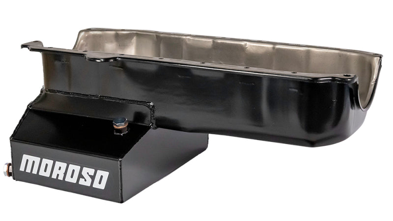 Moroso Pre-85 Chevrolet Small Block (w/Passenger Side Dipstick) Wet Sump 7qt 8in Steel Oil Pan - Blk