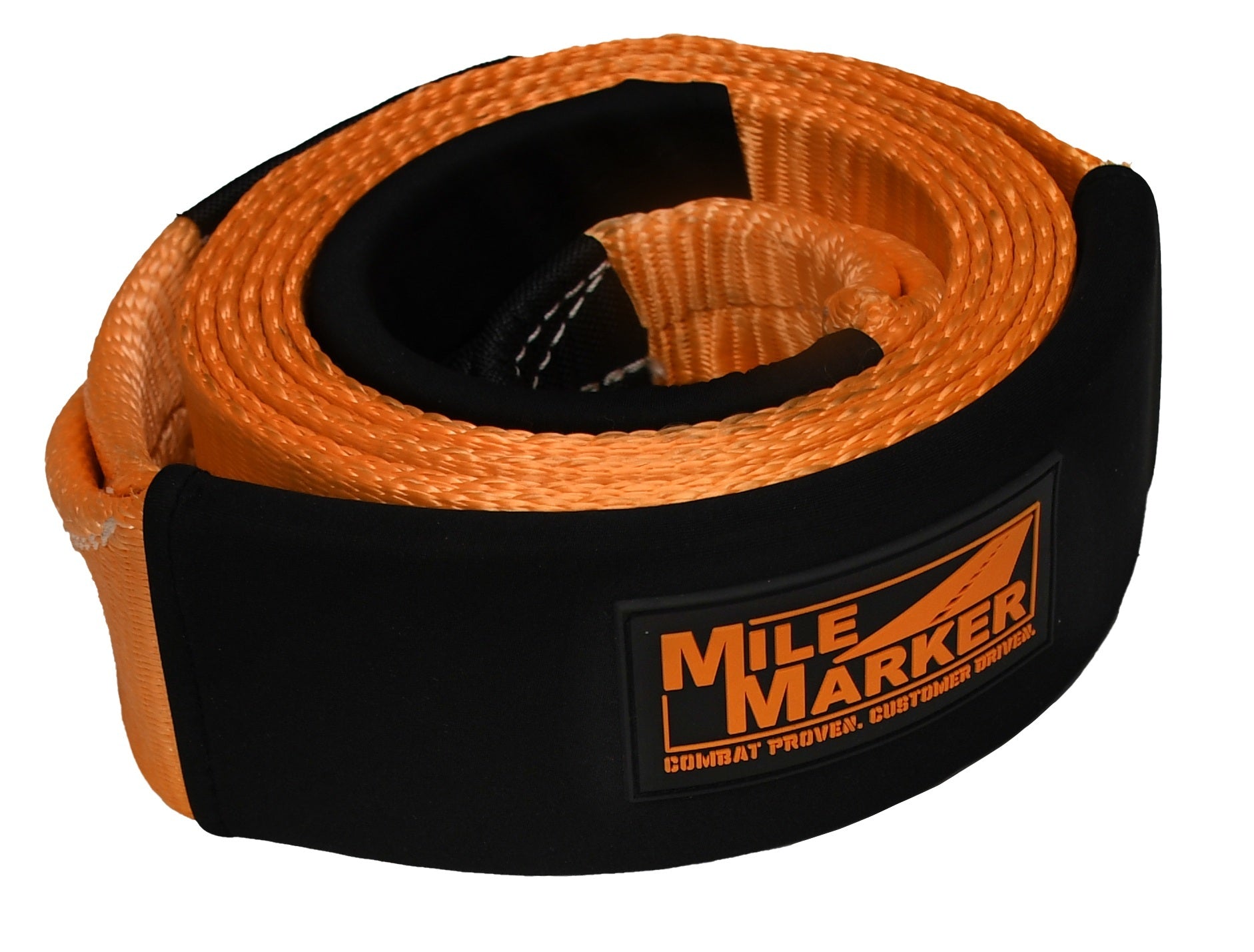 Orange and black strap with Mile Marker logo on a white background