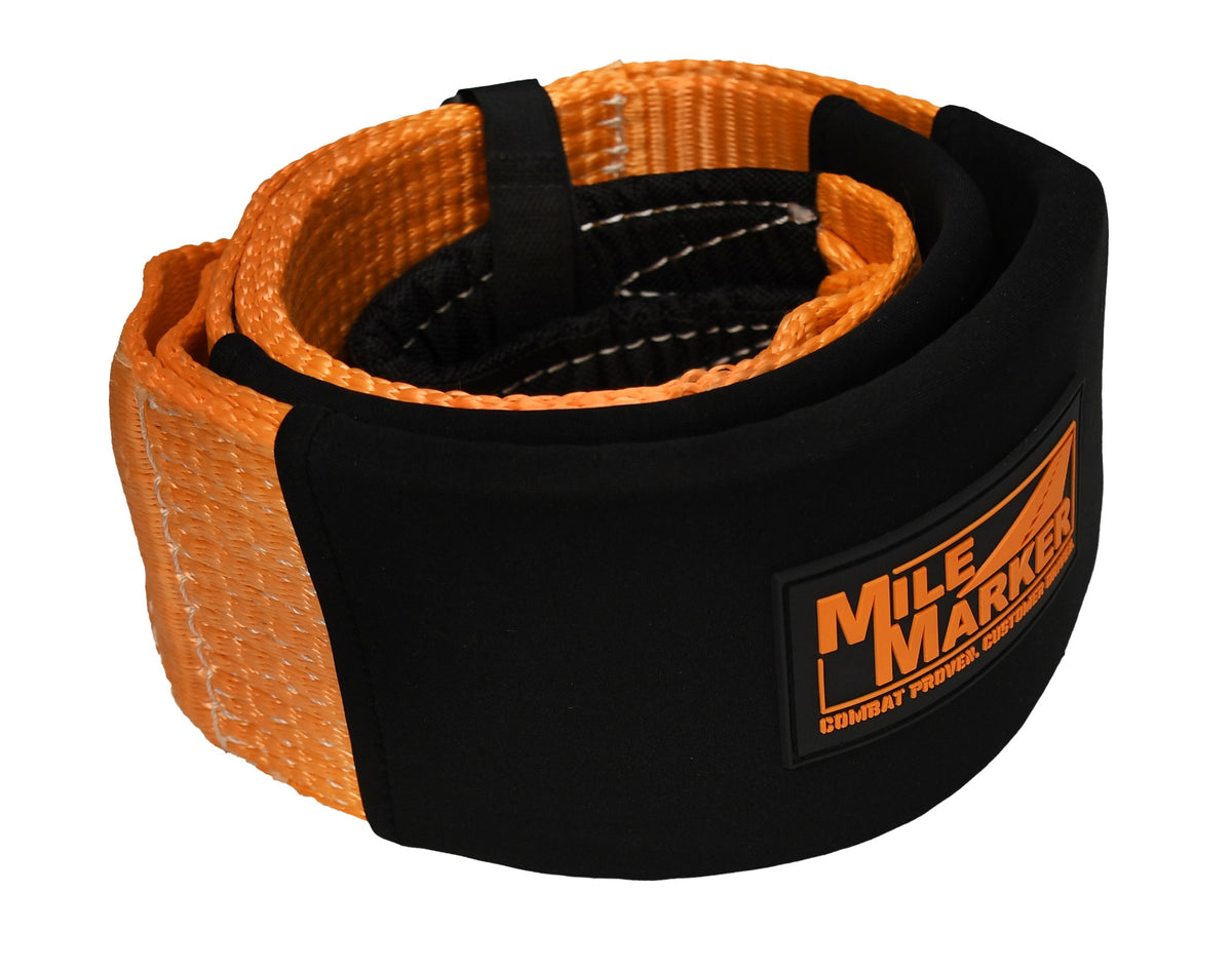 Orange and black weightlifting belt with 'Mile Marker' logo on a white background