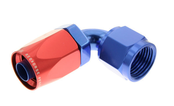 8AN 90Deg Female Alum Hose End Red Blue