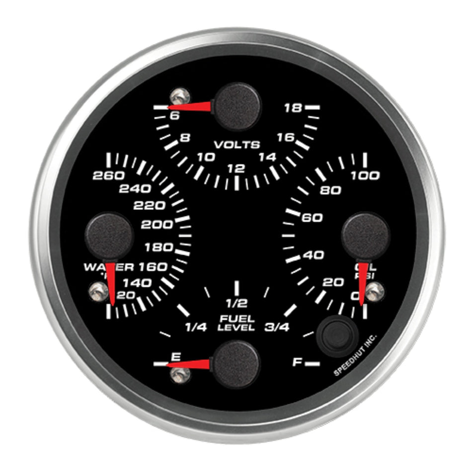 4in Quad Gauge Temp Volt Oil Fuel Black Face