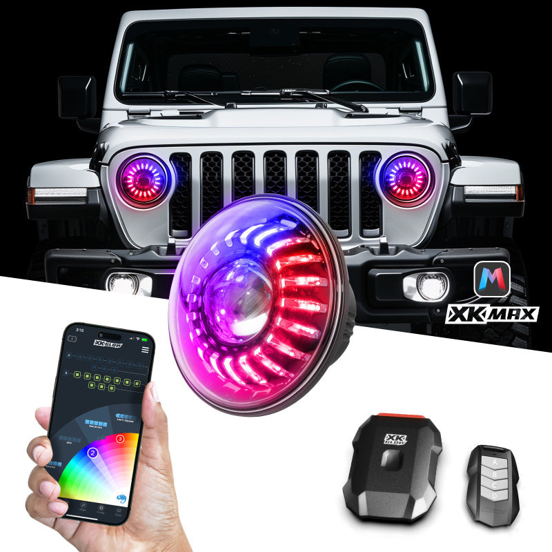 XK Glow 2019+ Jeep Wrangler JL/JT 7in Headlight XKmax RGBW Kit w/ Mnt Brkt App Cntrl 2pc